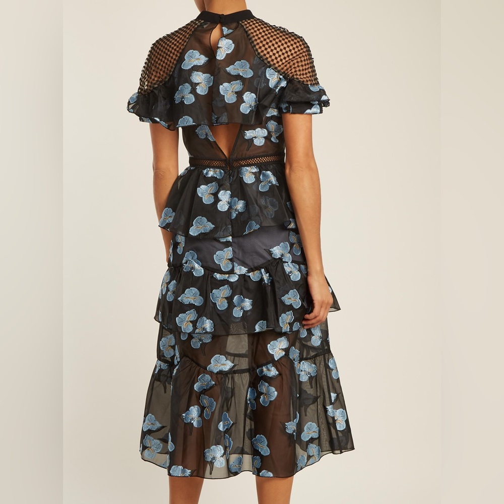 Self-Portrait Black & Blue Floral Fil Coupe Cape Detail Tiered Midi Dress 6 - Picture 5 of 14